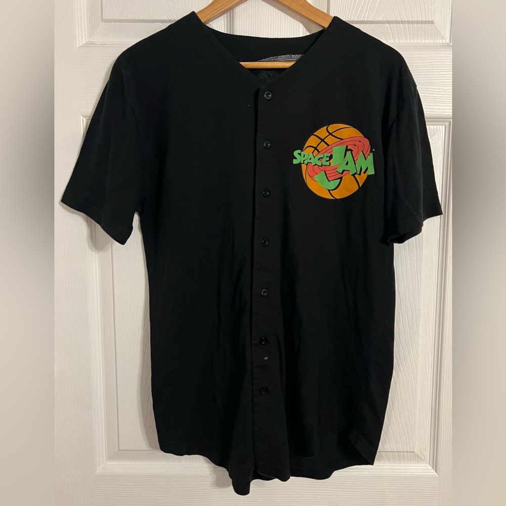Space Jam Men’s Button Up Tshirt Black With Front & Black Graphic Medium